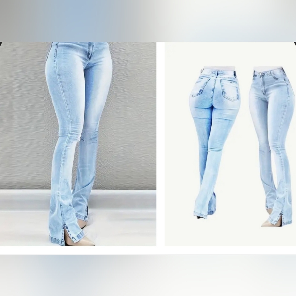 New! Light Blue Women's Jeans, Slight Flare w/ Slits